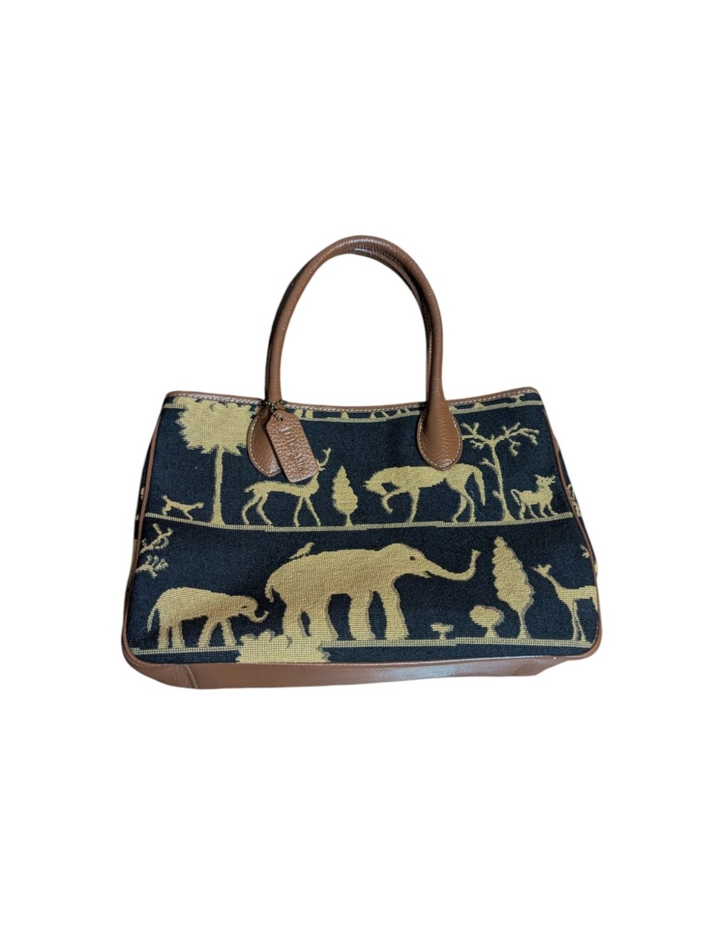J McLaughlin Brown & Black Elephant Pattern Safarib Tapestry Tote Satchel Bag - Picture 7 of 11
